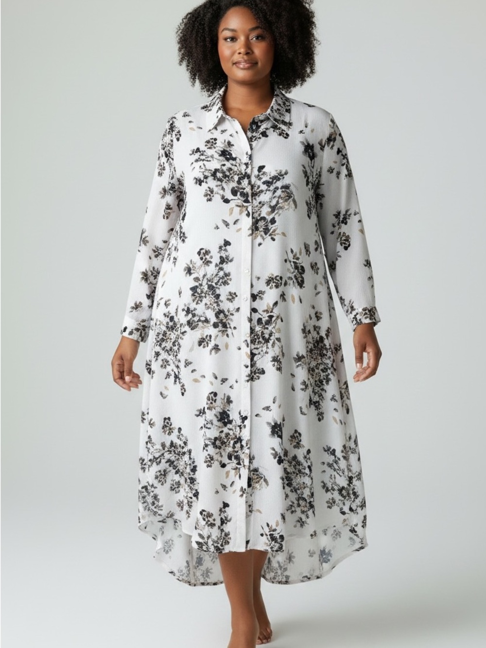 The Limited White Floral Button-Front Long Sleeve Dress with Navy and Tan Print